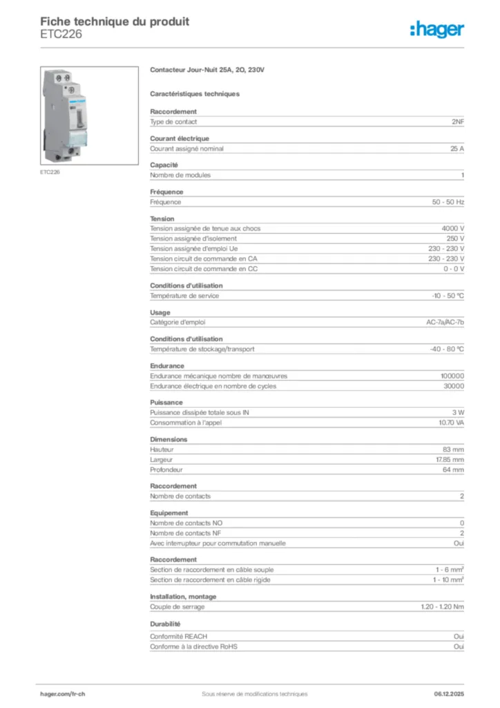 Image Hager Fiche technique du produit ETC226 | Hager Suisse