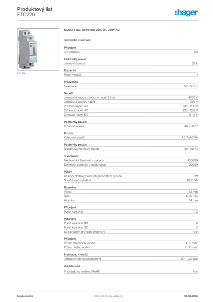 Obrázek Hager Product data sheet ETC226 | Hager
