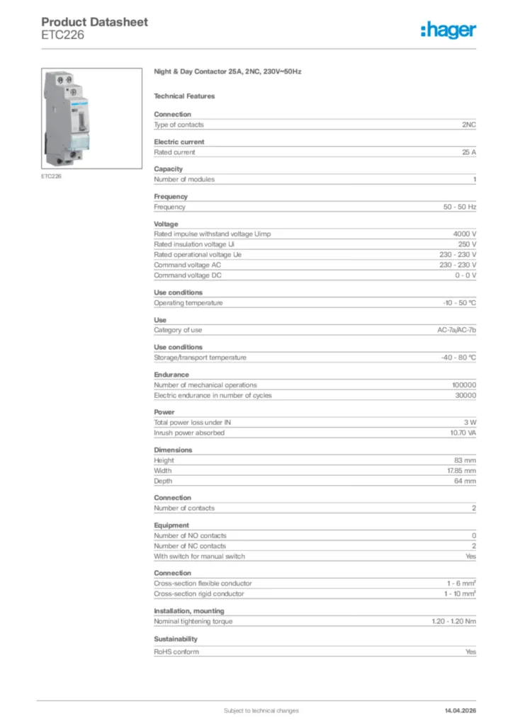 Image Hager Product data sheet ETC226  | Hager Africa