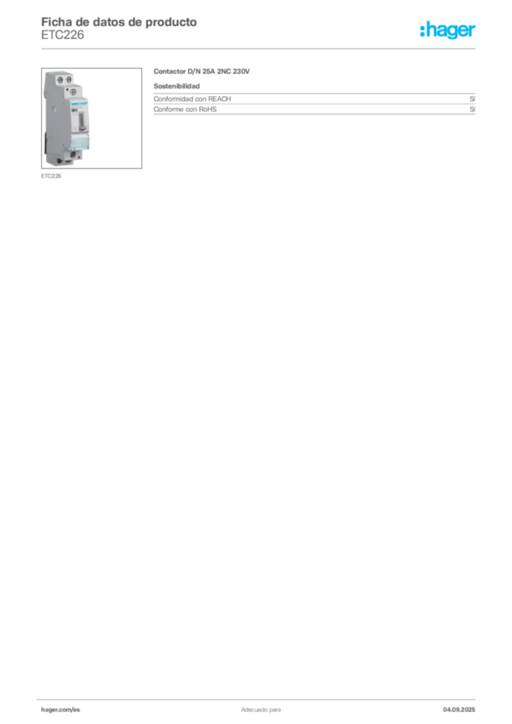 Imagen Hager Ficha de datos de producto ETC226 | Hager España