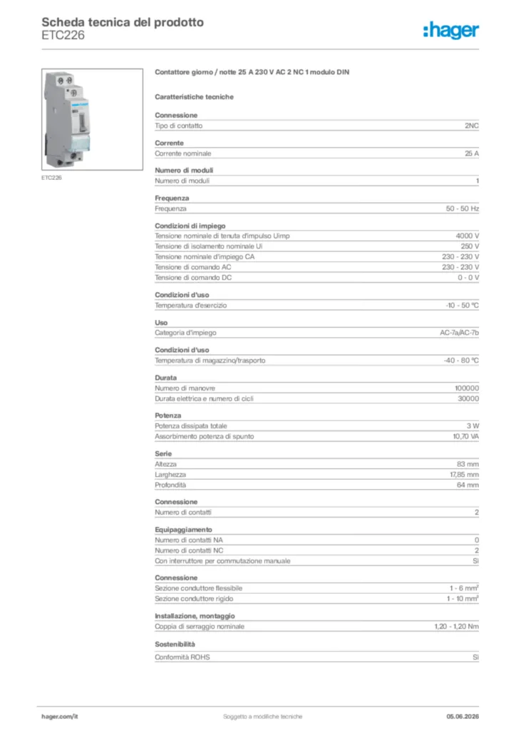Immagine Hager Scheda tecnica del prodotto ETC226 | Hager Italia
