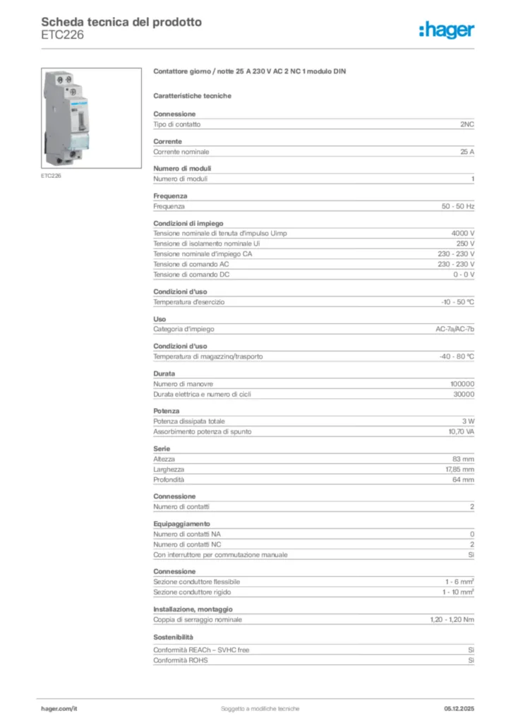 Immagine Hager Scheda tecnica del prodotto ETC226 | Hager Italia