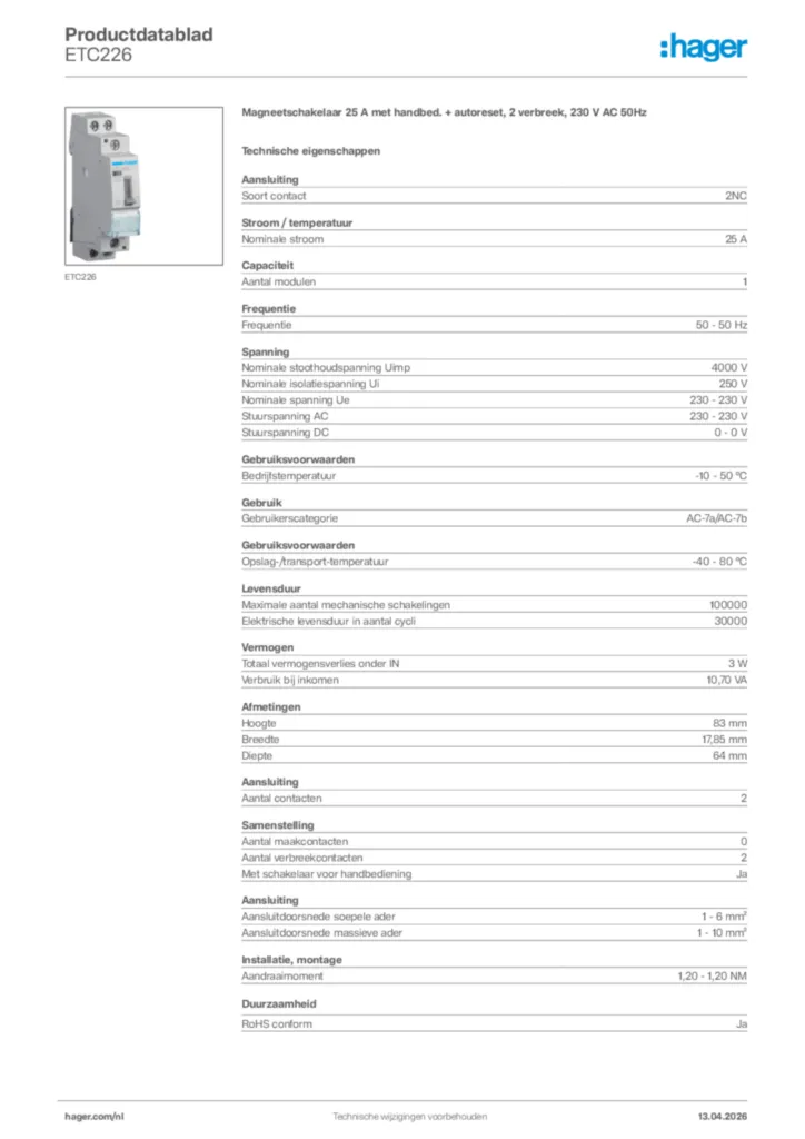 Afbeelding Hager Productdatablad ETC226 | Hager Nederland