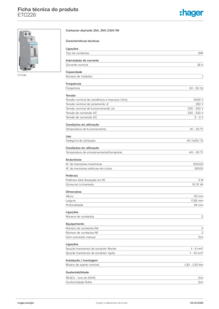 Imagem Hager Ficha técnica do produto ETC226 | Hager Portugal