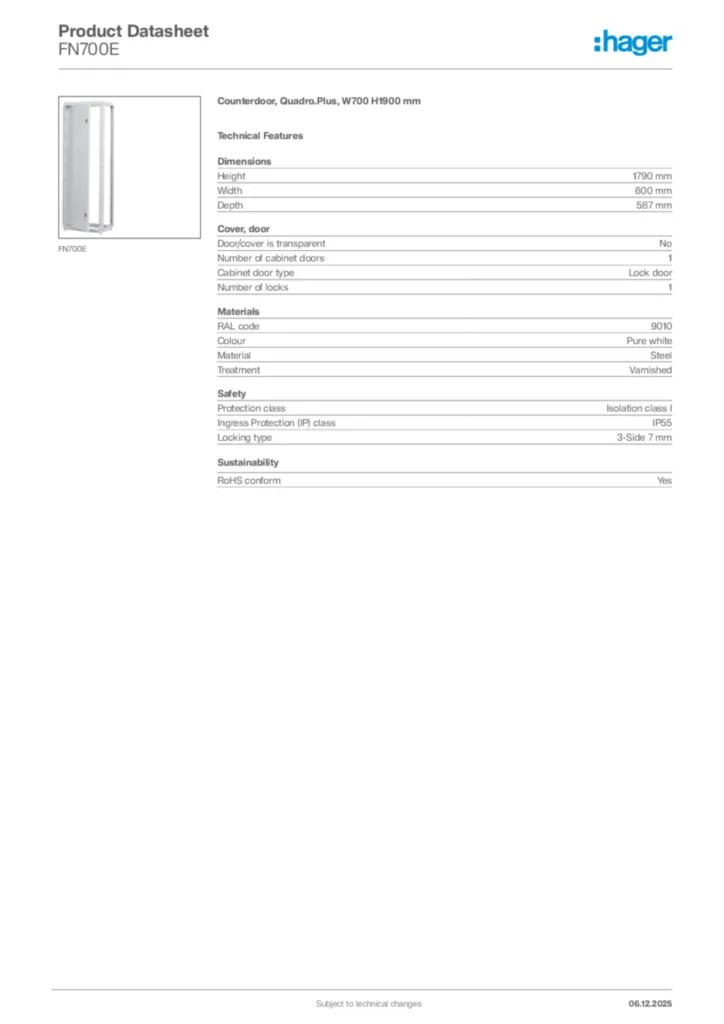 Image Hager Product data sheet FN700E  | Hager Africa