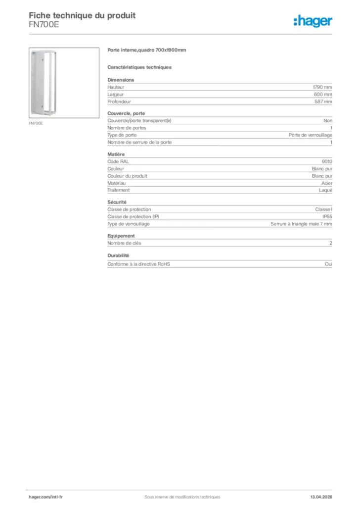 Image Hager Fiche technique du produit FN700E | Hager Afrique