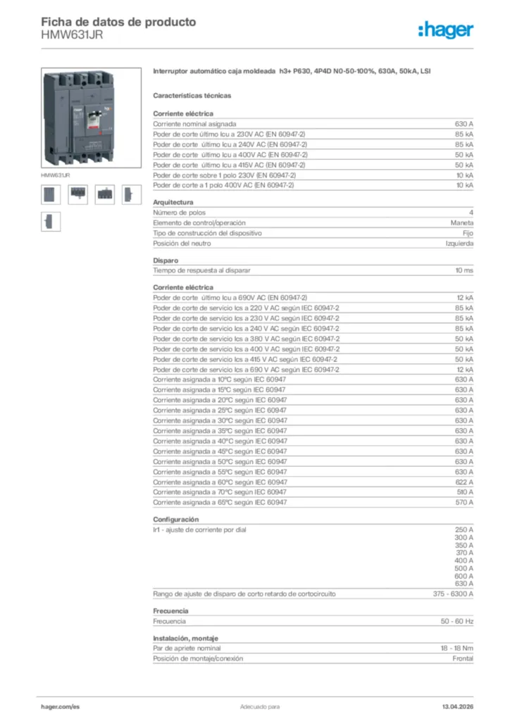 Imagen Hager Ficha de datos de producto HMW631JR | Hager España