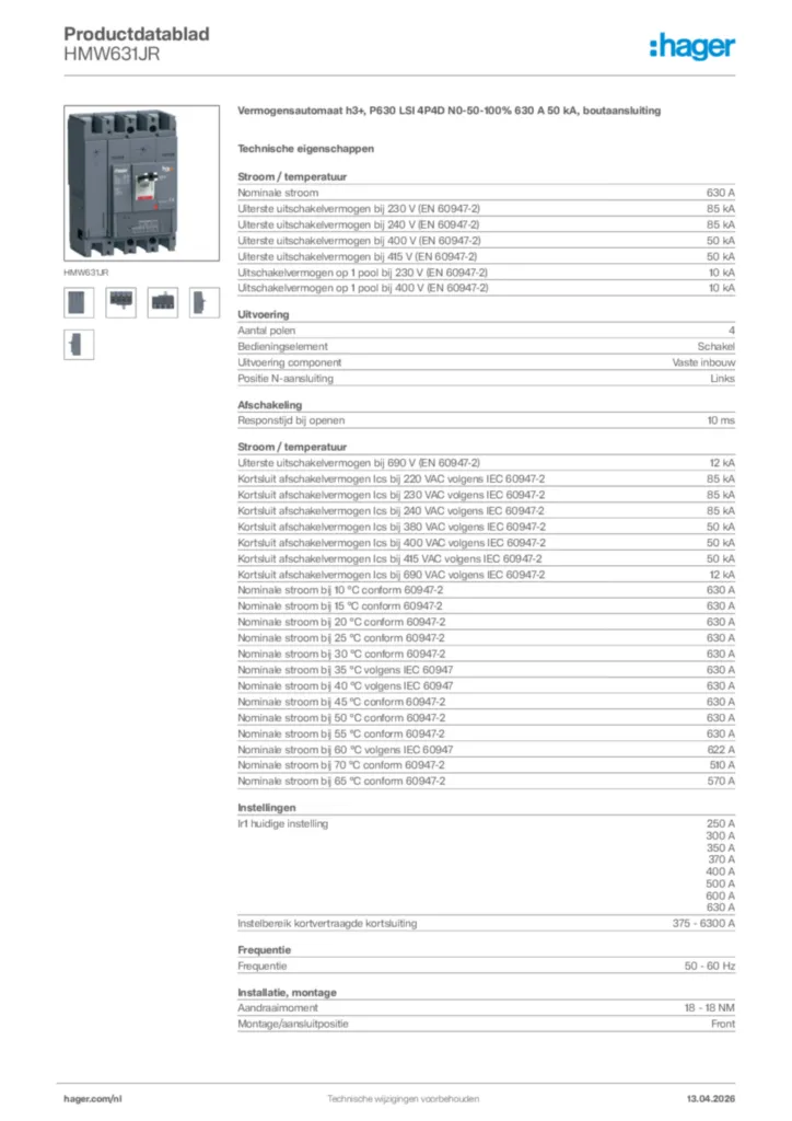 Afbeelding Hager Productdatablad HMW631JR | Hager Nederland