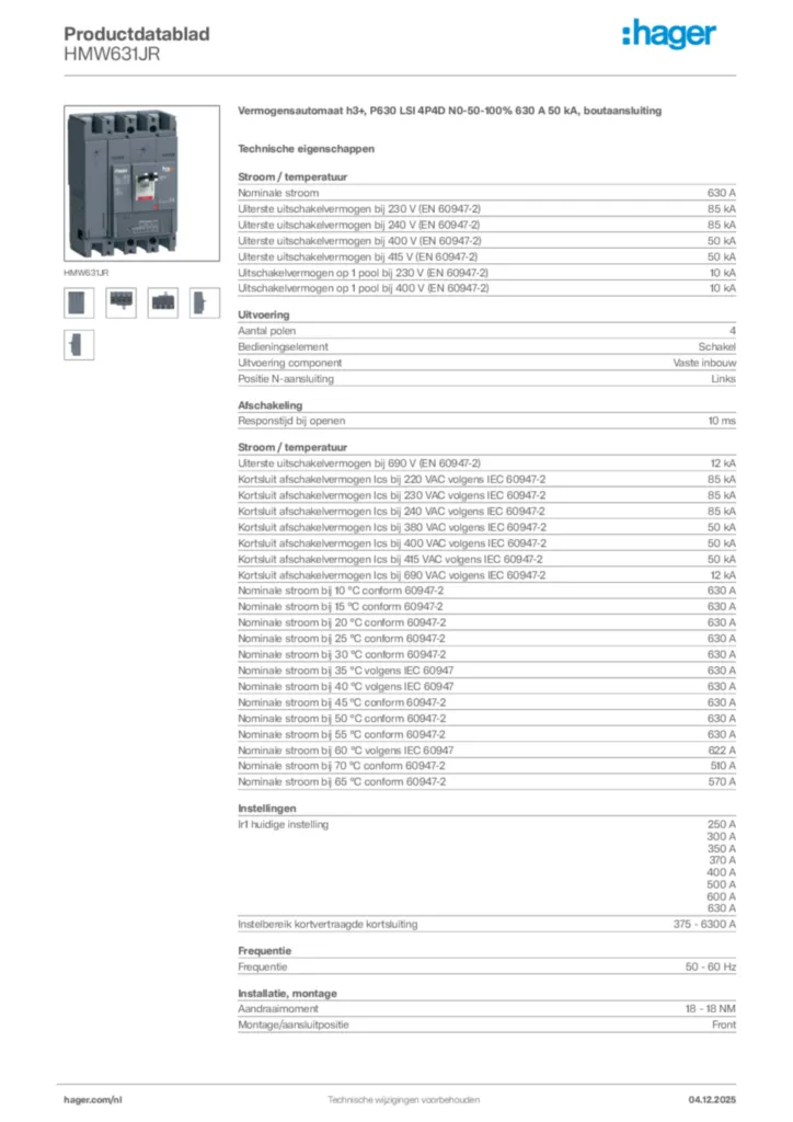 Afbeelding Hager Productdatablad HMW631JR | Hager Nederland