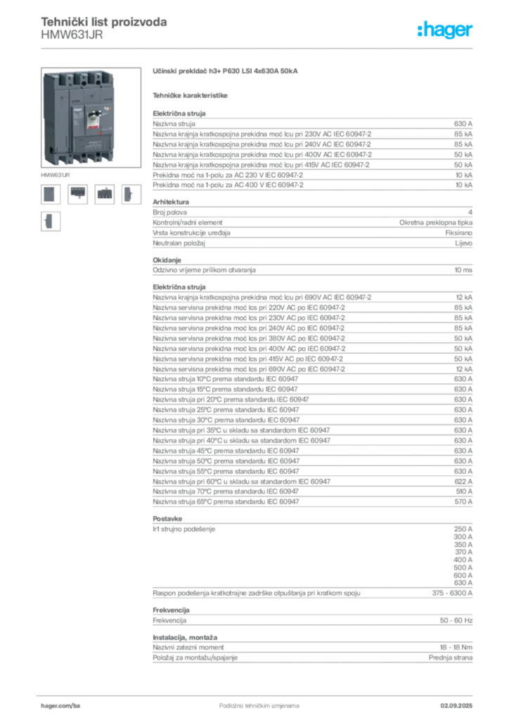 Slika Hager Tehnički list proizvoda HMW631JR  | Hager