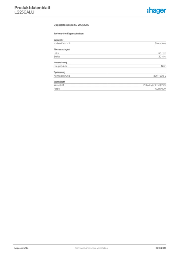 Bild Hager Produktdatenblatt L2250ALU | Hager Deutschland