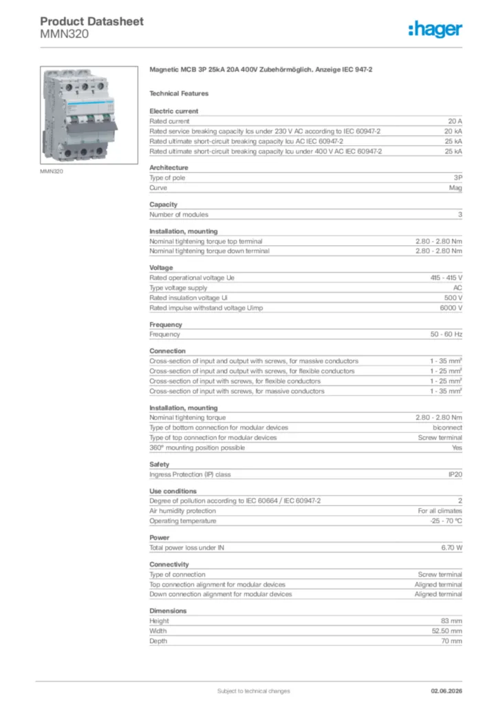 Image Hager Product data sheet MMN320  | Hager Africa