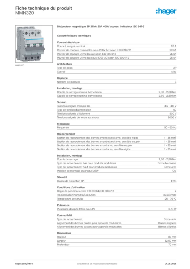 Image Hager Fiche technique du produit MMN320 | Hager Afrique