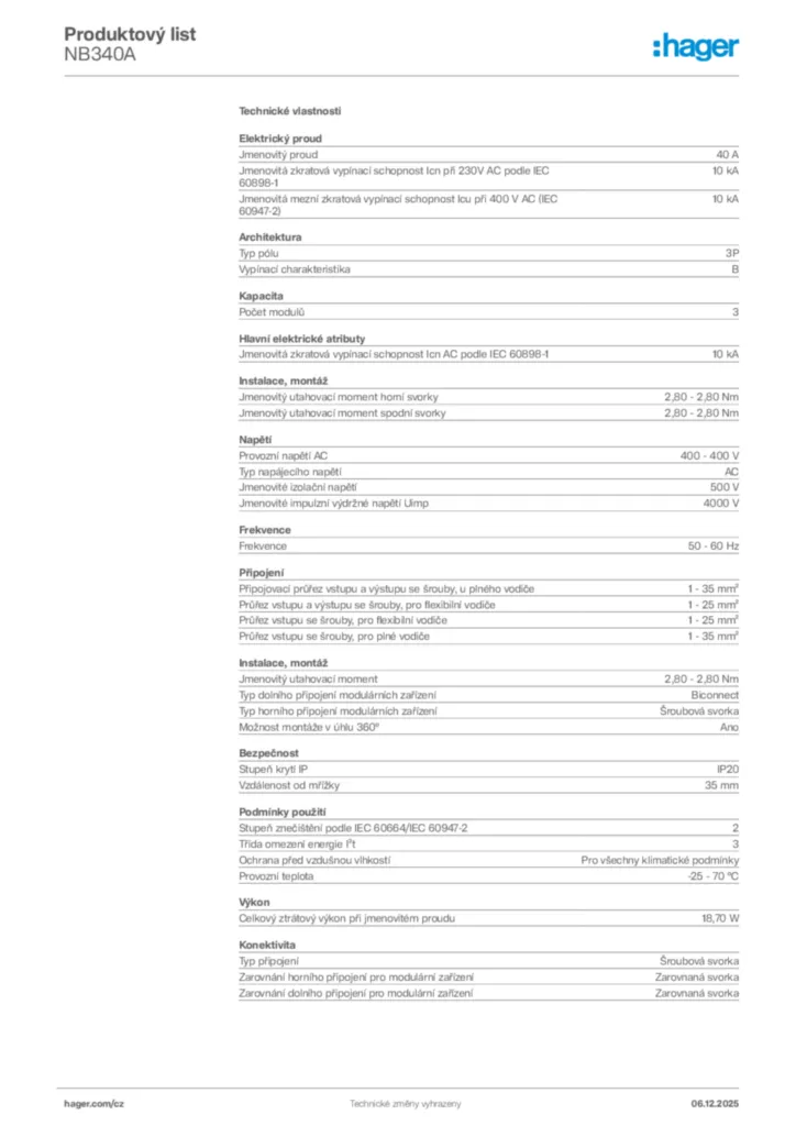 Obrázek Hager Product data sheet NB340A | Hager