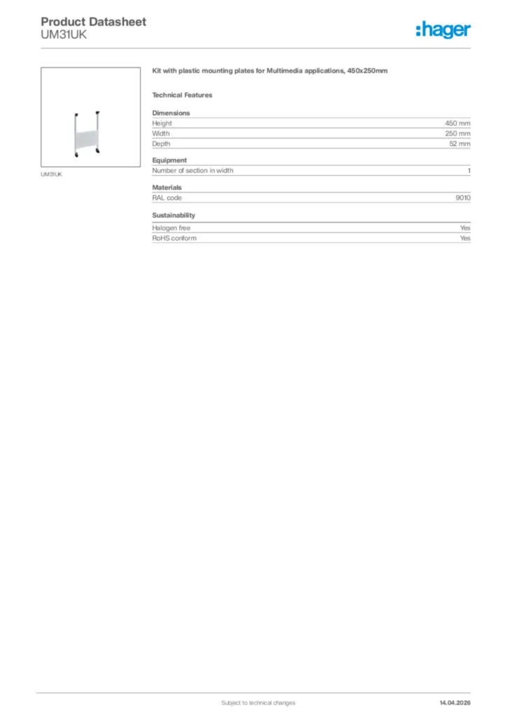 Image Hager Product data sheet UM31UK  | Hager Africa