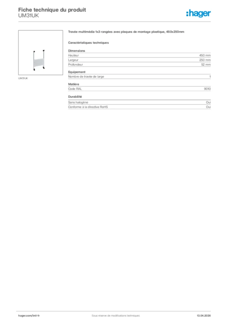 Image Hager Fiche technique du produit UM31UK | Hager Afrique