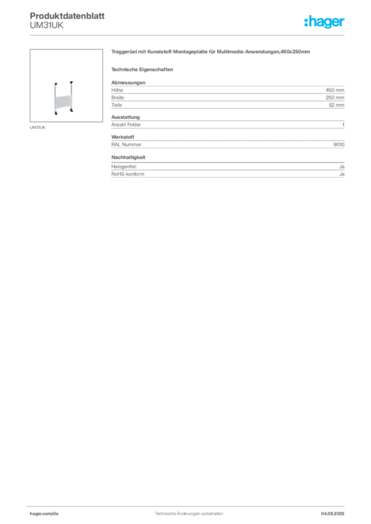 Bild Hager Produktdatenblatt UM31UK | Hager Deutschland