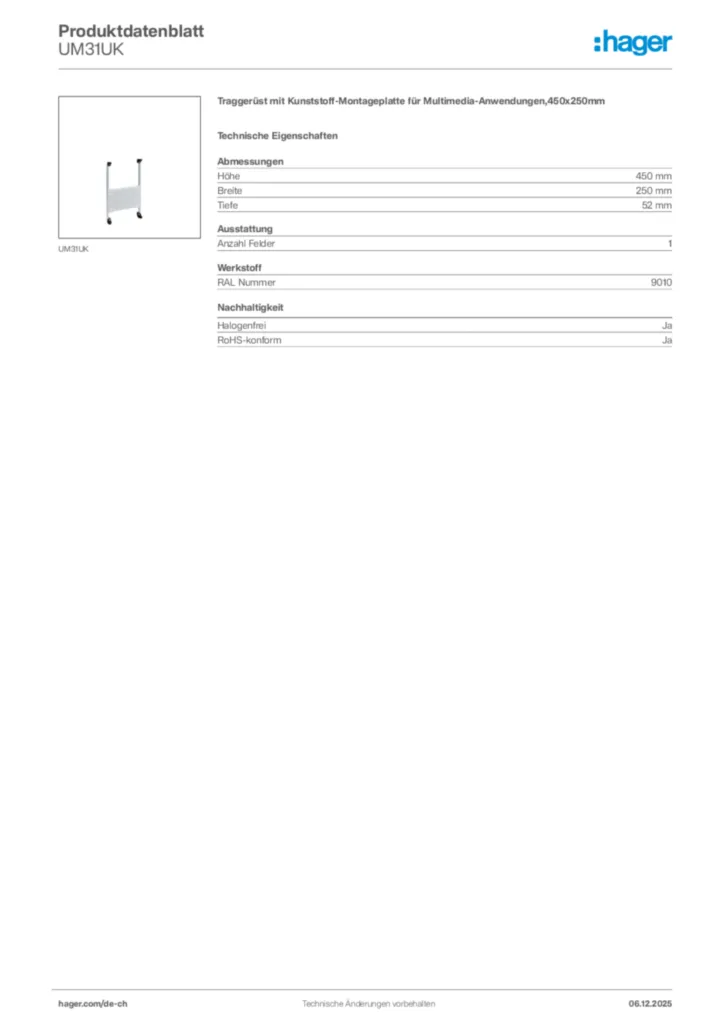 Bild Hager Produktdatenblatt UM31UK | Hager Schweiz