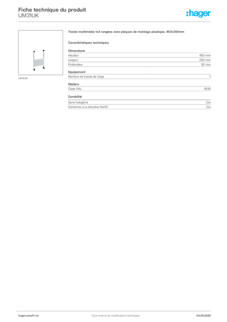 Image Hager Fiche technique du produit UM31UK | Hager Suisse