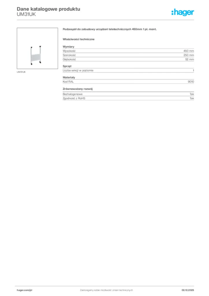 Zdjęcie Hager Dane katalogowe produktu UM31UK | Hager Polska