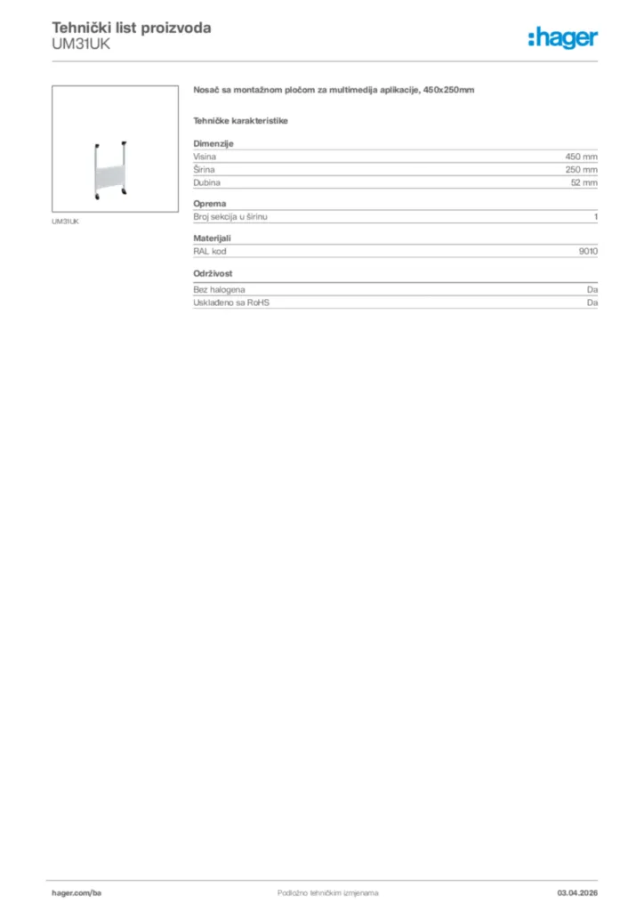 Slika Hager Tehnički list proizvoda UM31UK  | Hager