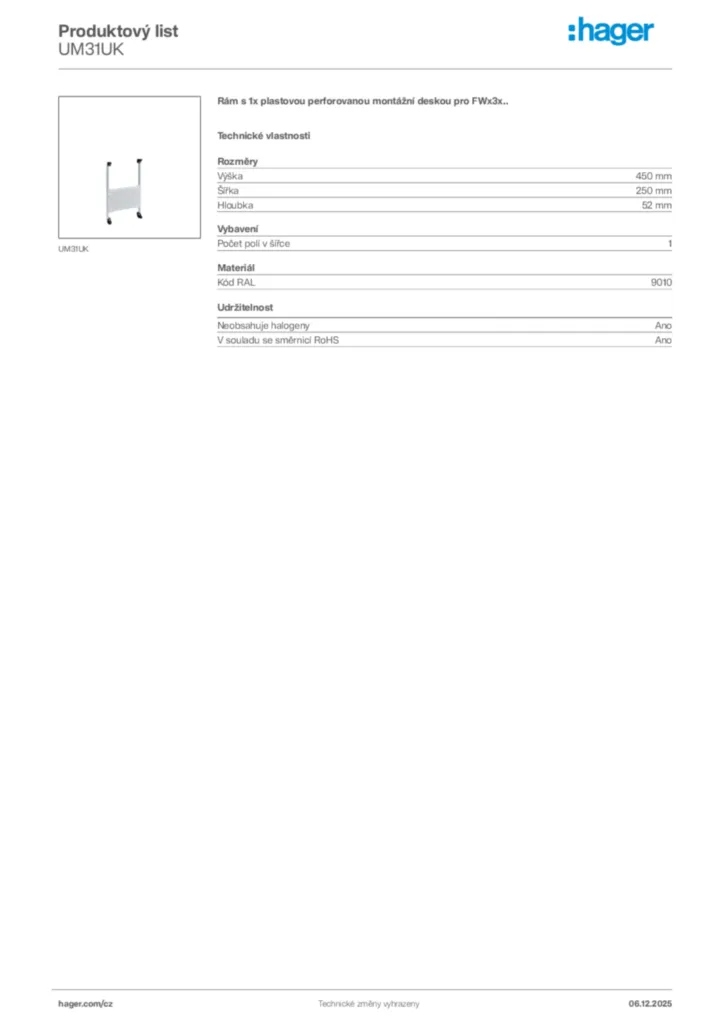 Obrázek Hager Product data sheet UM31UK | Hager