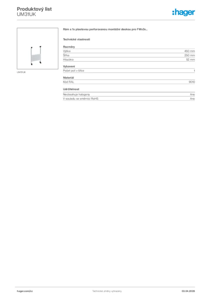 Obrázek Hager Product data sheet UM31UK | Hager