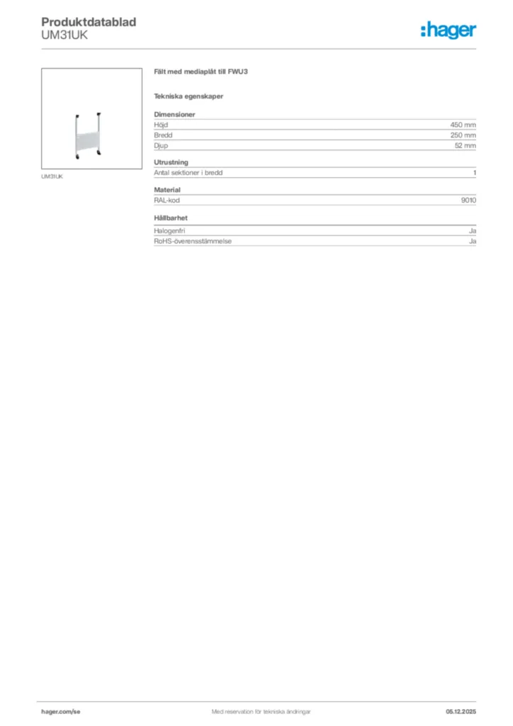 Bild Hager Produktdatablad UM31UK | Hager Sverige
