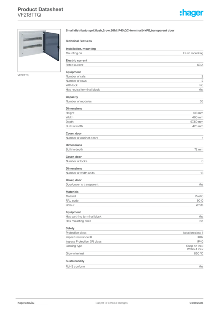 Image Hager Product data sheet VF218TTQ  | Hager Australia