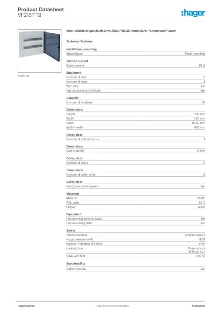 Image Hager Product data sheet VF218TTQ  | Hager Australia