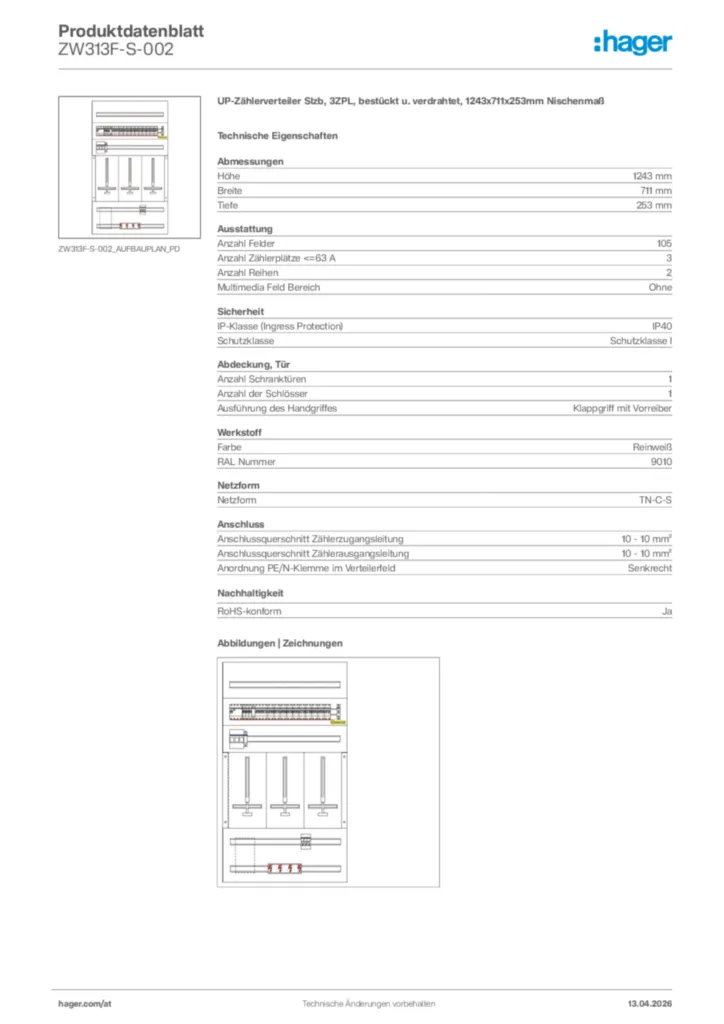 Bild Hager Produktdatenblatt ZW313F-S-002 | Hager Deutschland