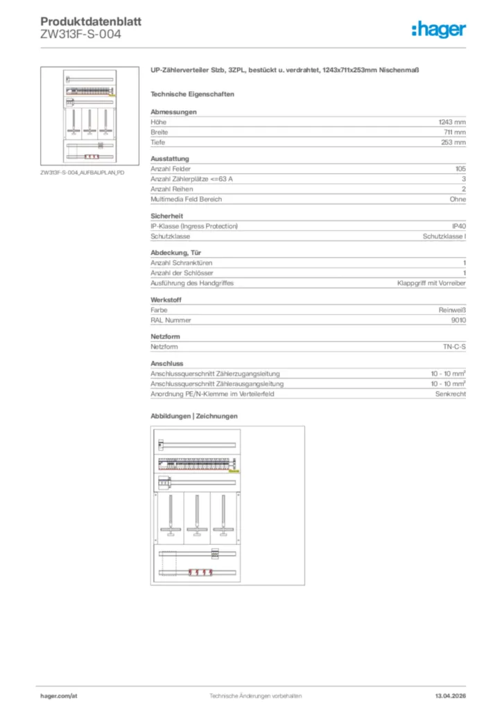 Bild Hager Produktdatenblatt ZW313F-S-004 | Hager Deutschland