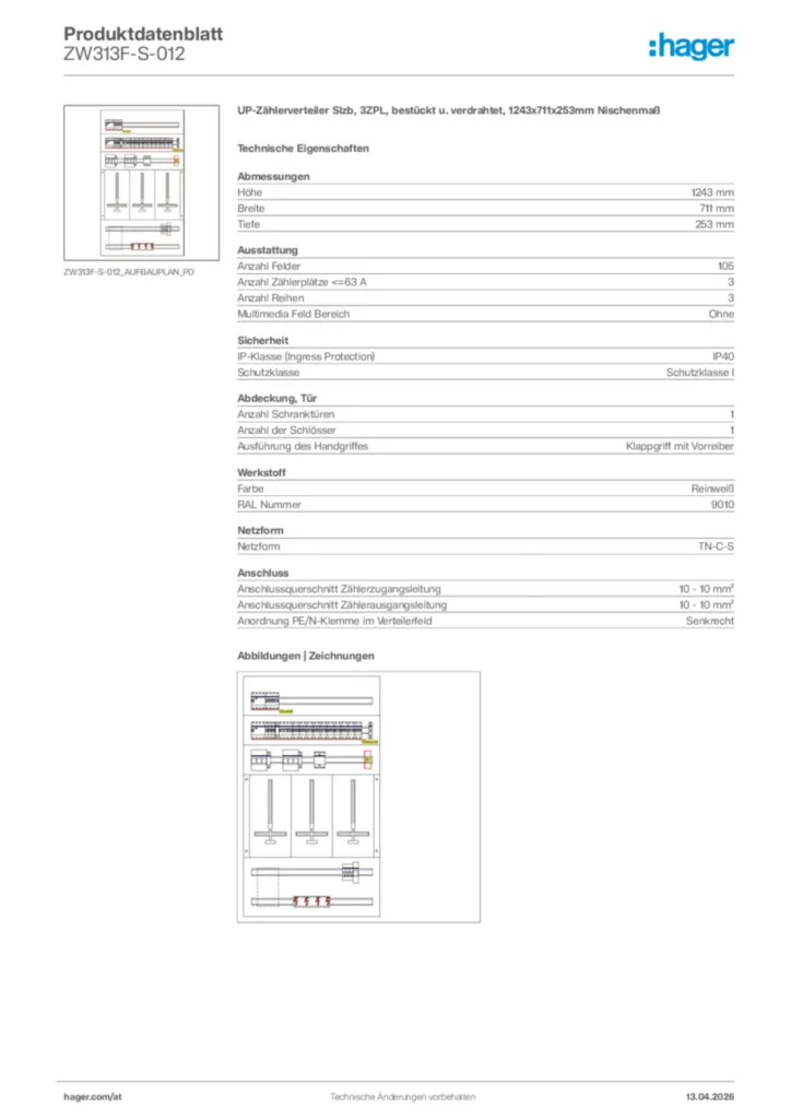 Bild Hager Produktdatenblatt ZW313F-S-012 | Hager Deutschland