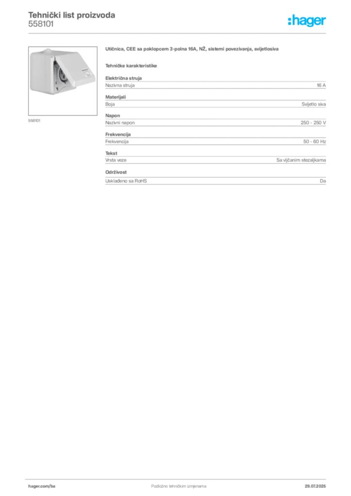 Slika Hager Product data sheet 558101  | Hager