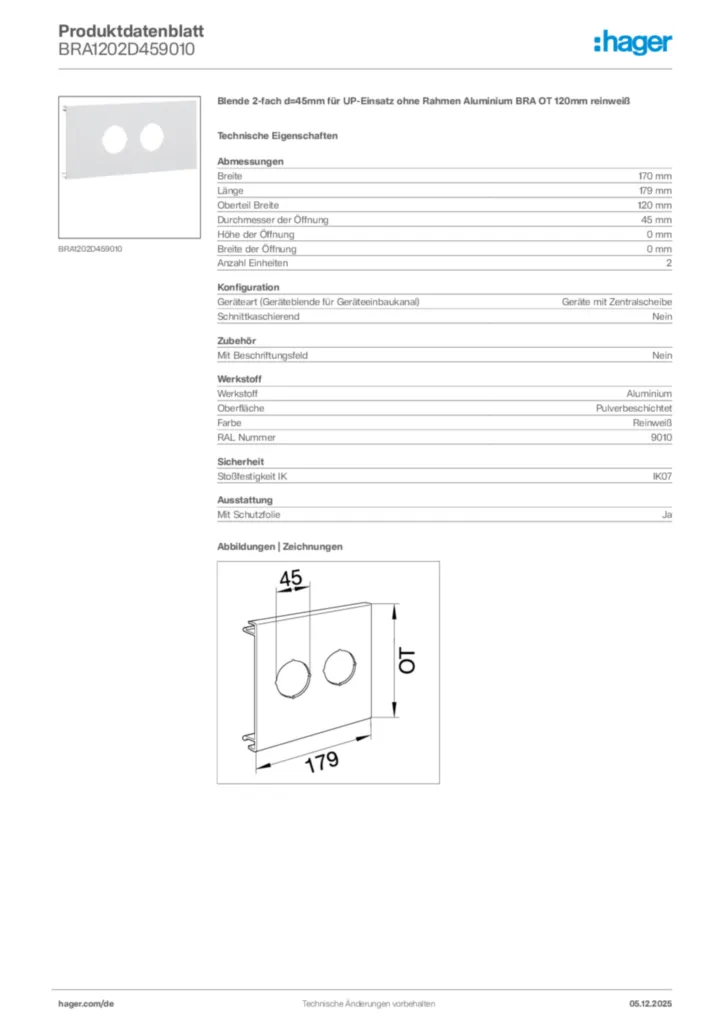 Bild Hager Produktdatenblatt BRA1202D459010 | Hager Deutschland