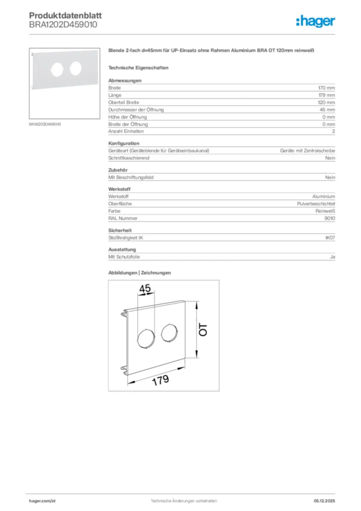 Bild Hager Produktdatenblatt BRA1202D459010 | Hager Deutschland