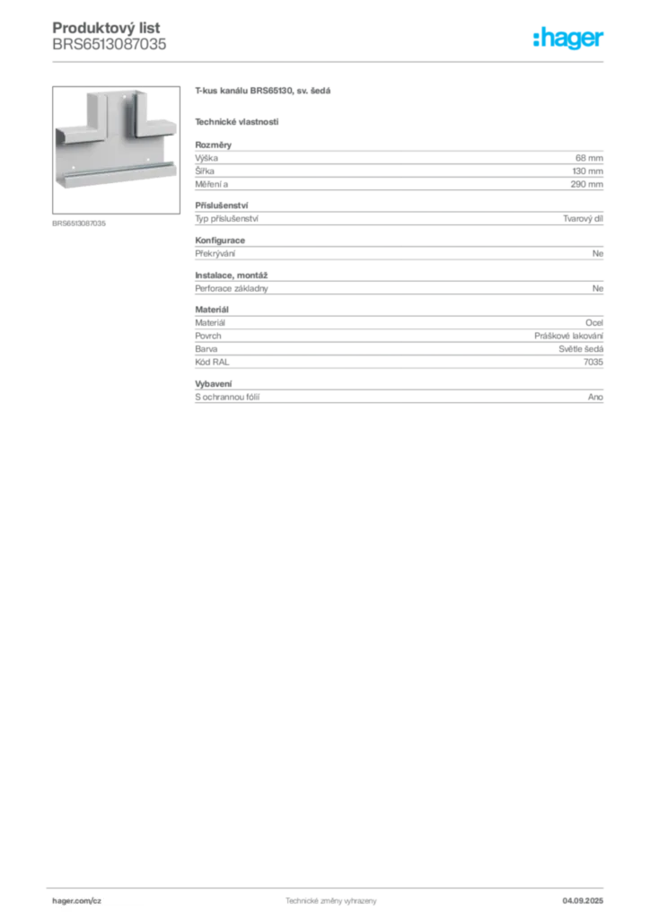 Obrázek Hager Produktový list BRS6513087035 | Hager