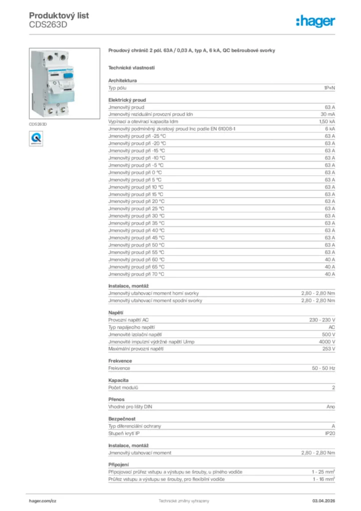 Obrázek Hager Product data sheet CDS263D | Hager