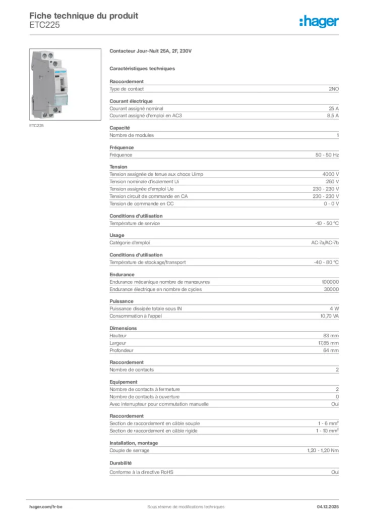 Image Hager Fiche technique du produit ETC225 | Hager Belgique
