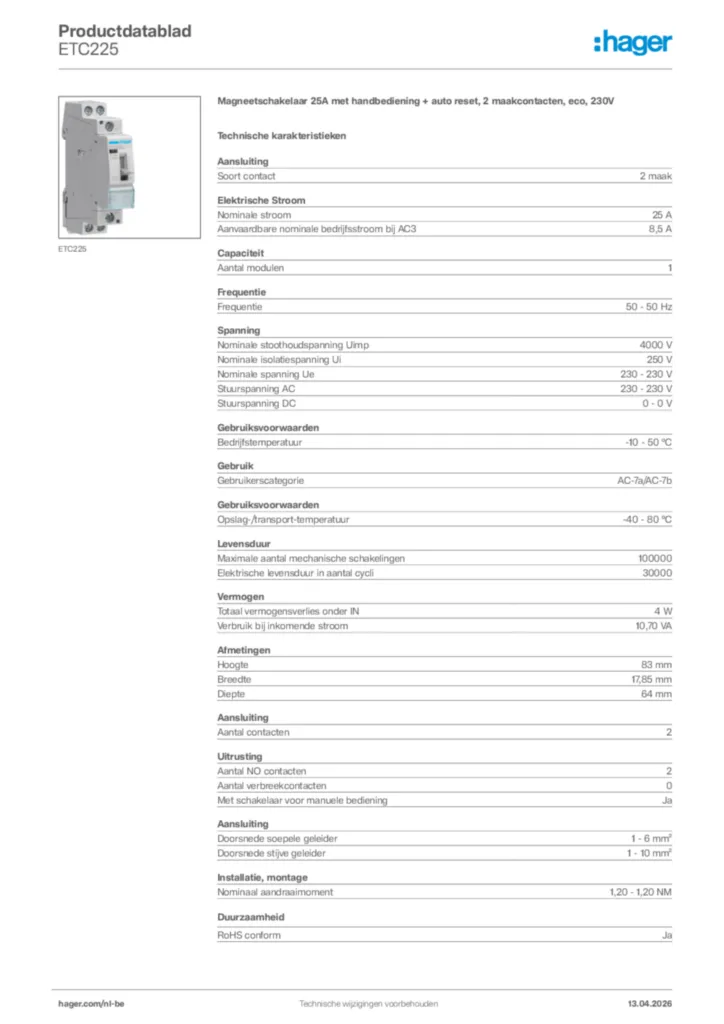 Afbeelding Hager Productdatablad ETC225 | Hager Belgium