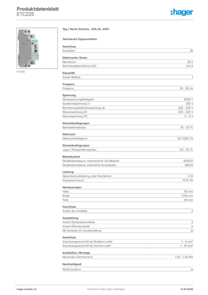 Bild Hager Produktdatenblatt ETC225 | Hager Schweiz