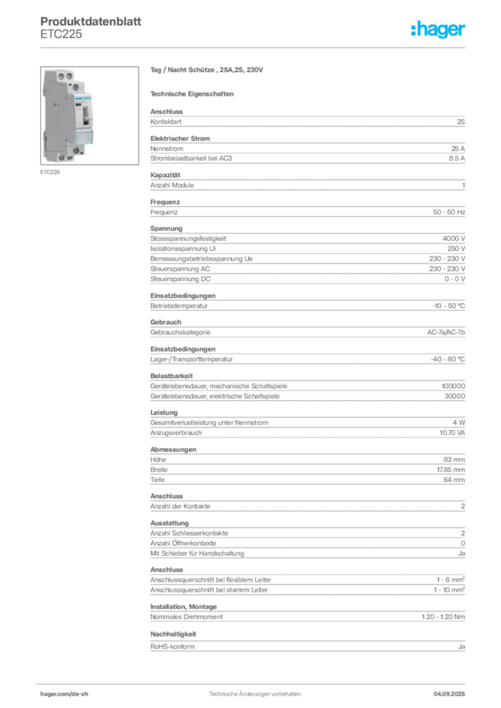 Bild Hager Produktdatenblatt ETC225 | Hager Schweiz