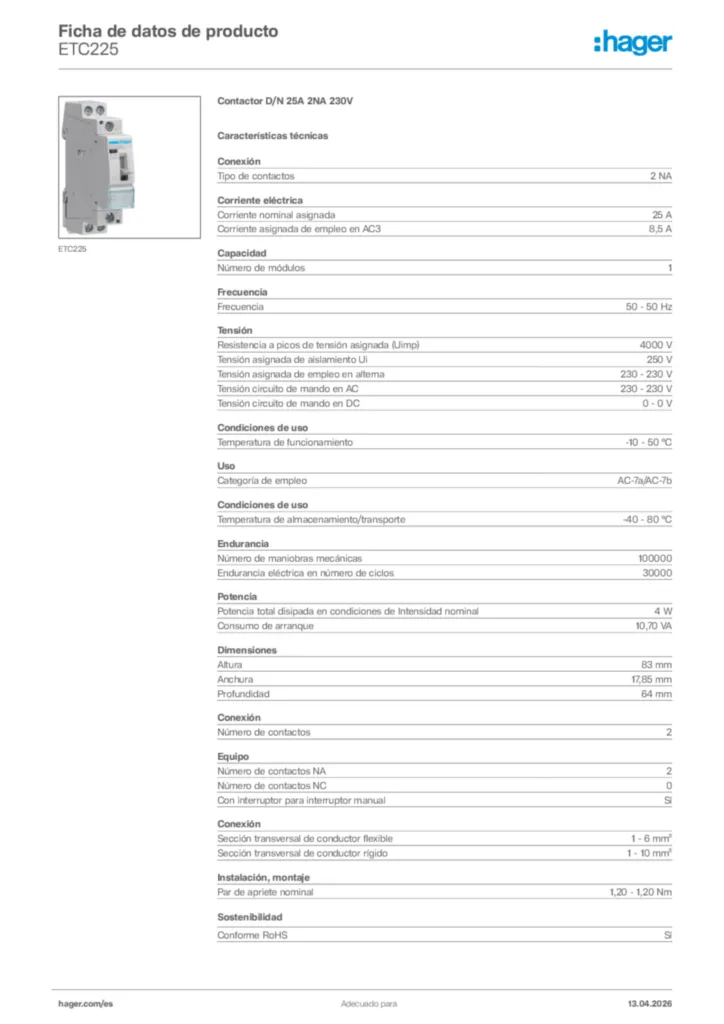 Imagen Hager Ficha de datos de producto ETC225 | Hager España
