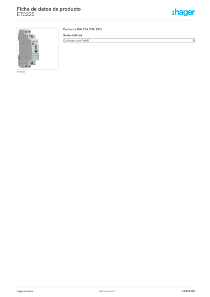 Imagen Hager Ficha de datos de producto ETC225 | Hager España