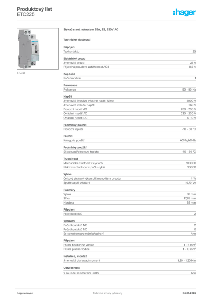 Obrázek Hager Produktový list ETC225 | Hager