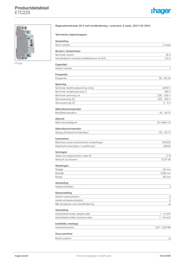 Afbeelding Hager Productdatablad ETC225 | Hager Nederland