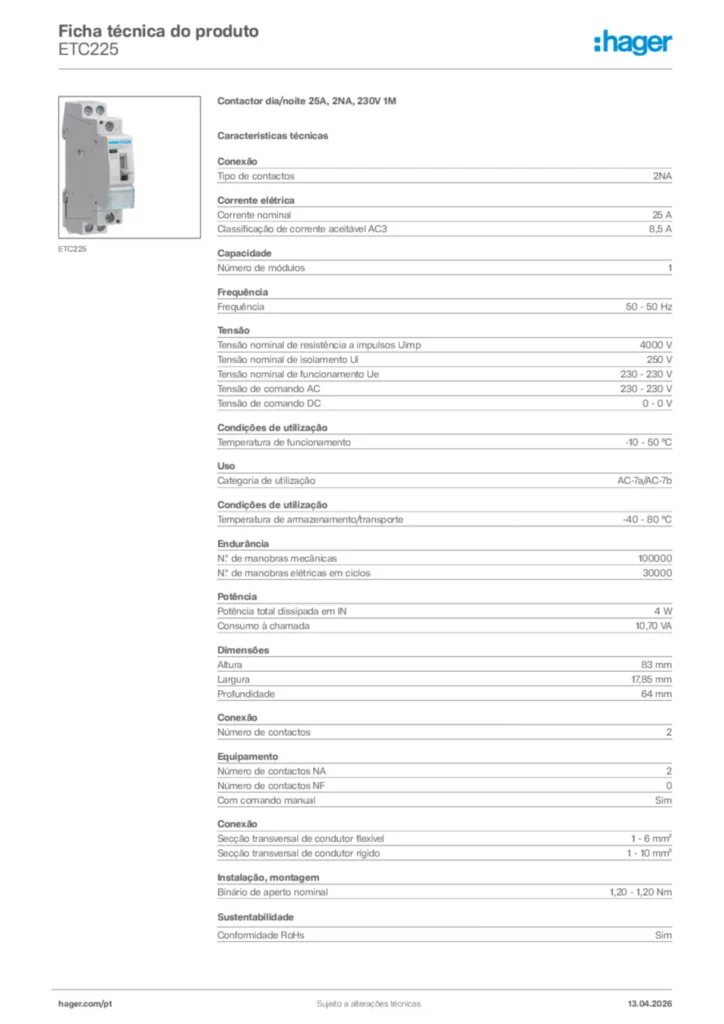Imagem Hager Ficha técnica do produto ETC225 | Hager Portugal