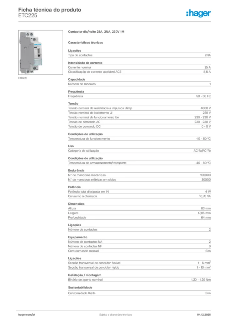 Imagem Hager Ficha técnica do produto ETC225 | Hager Portugal