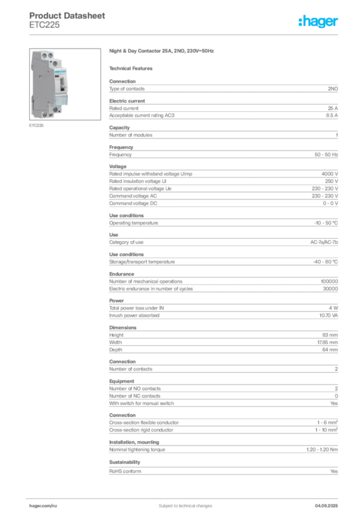 Image Hager Product data sheet ETC225  | Hager New Zealand