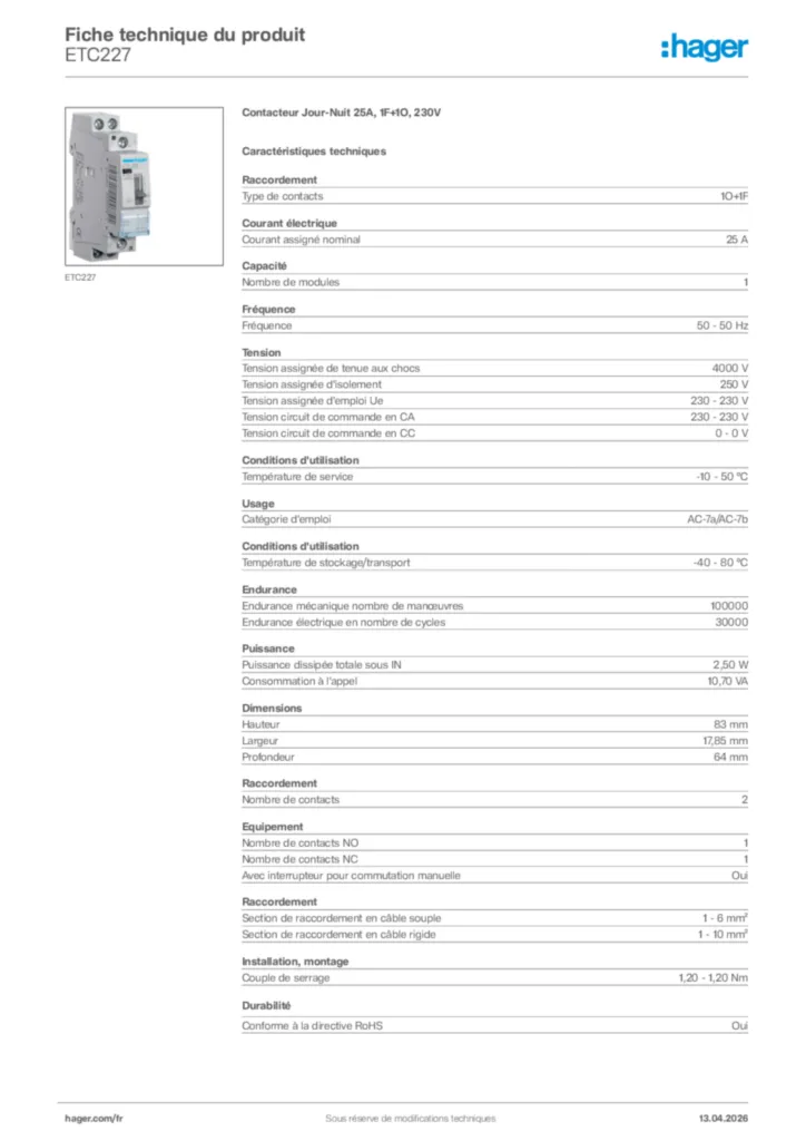 Image Hager Fiche technique du produit ETC227 | Hager France